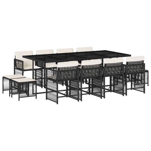 vidaXL Външен трапезен комплект 13 части с възглавници черен полиратан