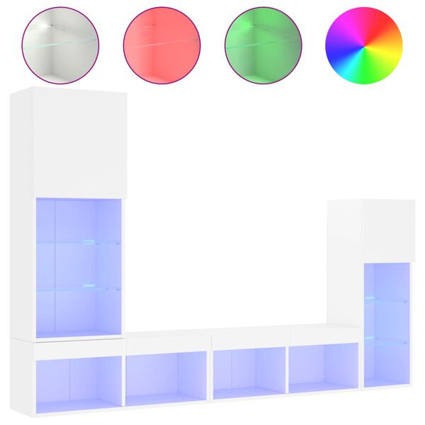 vidaXL ТВ стенни модули с LED, 4 части, бели, инженерно дърво