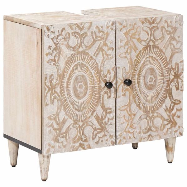 vidaXL Шкаф за мивка в баня Бяло 62 x 33 x 58 см Солидно мангово дърво