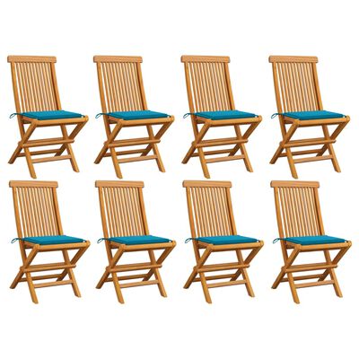 vidaXL Градински столове със сини възглавници 8 бр тиково дърво масив