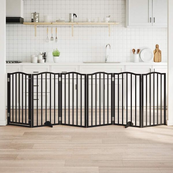 vidaXL Сгъваема преграда за куче с врата 6 панела черна 300 см топола