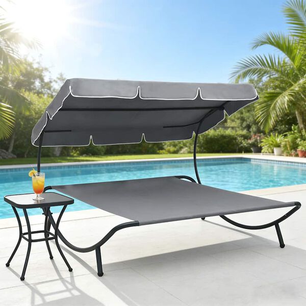 vidaXL Лаундж легло за открито с навес, сиво