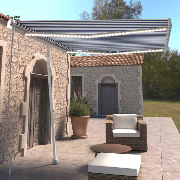 vidaXL Ръчно прибираща се тента с LED, 300x250 см, синьо и бяло