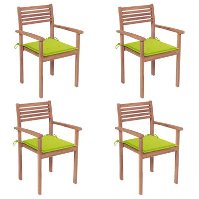 vidaXL Градински столове, 4 бр, с яркозелени възглавници, тик масив