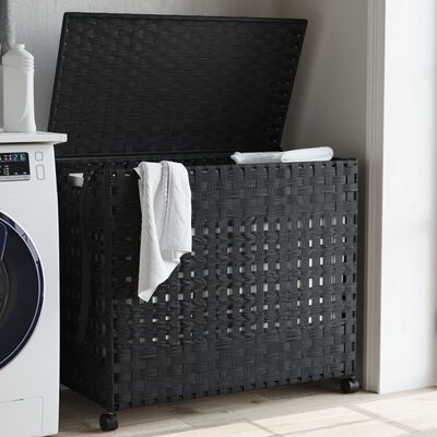 vidaXL Кош за пране с колела, черен, 66x35x60 см, ратан