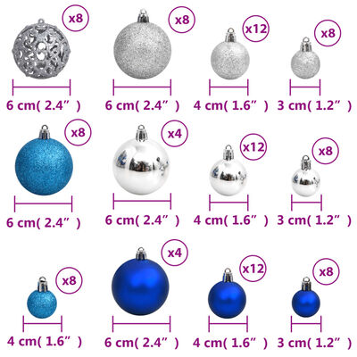 vidaXL Коледни топки 100 бр синьо и сребристо 3 / 4 / 6 см
