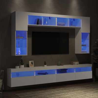 vidaXL Комплект ТВ стенни шкафове, 8 части, с LED светлини, бели