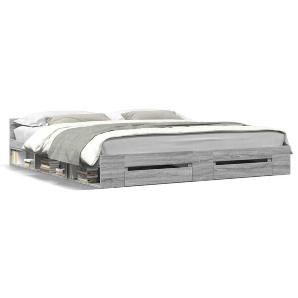 vidaXL Рамка за легло с чекмеджета, сив сонома, 200x200 см