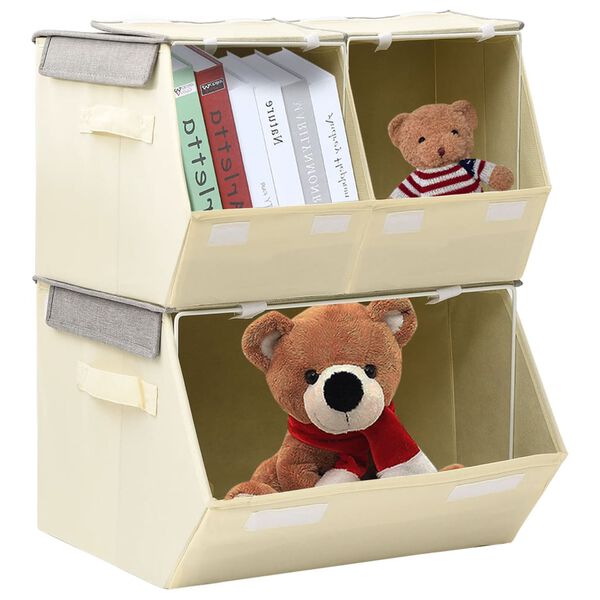 vidaXL Стифиращи кутии за съхранение от 3 части плат сиво и кремаво