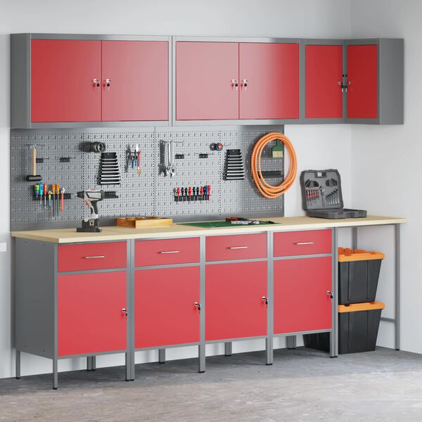 vidaXL Комплект работни шкафове с чекмедже с рафт 12 pcs Червен и сив