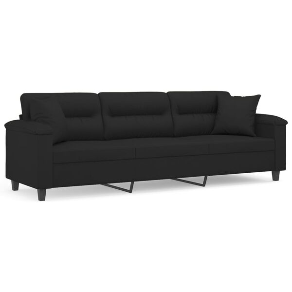 vidaXL 3-местен диван с възглавници, черен, 210 см, микрофибърен плат