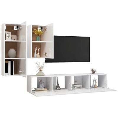 vidaXL Комплект ТВ шкафове от 4 части, бял гланц, ПДЧ