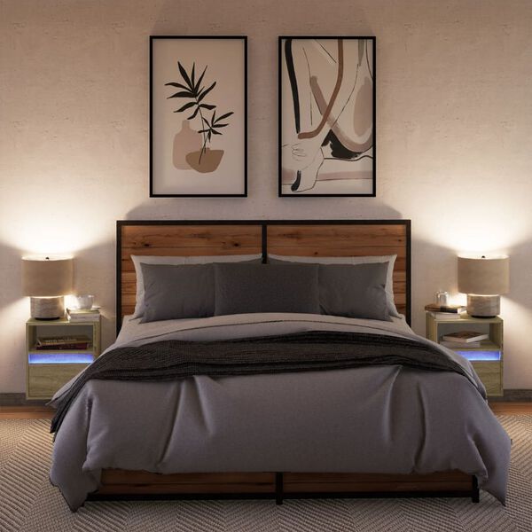 vidaXL Нощни шкафчета за стена с LED осветление, 2 бр, сонома дъб