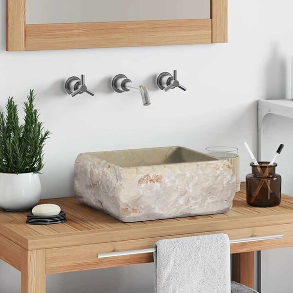 vidaXL Кремава мивка, 30x30x13 см, мрамор