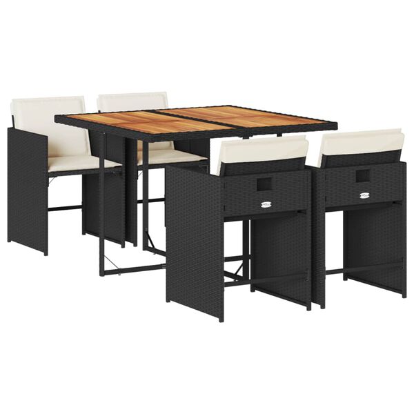 vidaXL Градински трапезен комплект възглавници 5 части черен полиратан