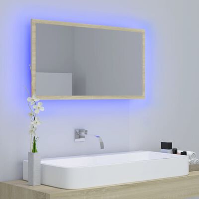 vidaXL LED огледало за баня, дъб сонома, 80x8,5x37 см, акрил
