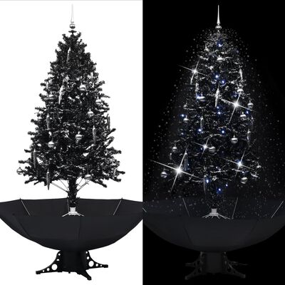 vidaXL Коледна елха с валящ сняг и основа от чадър, черна, 190 см, PVC