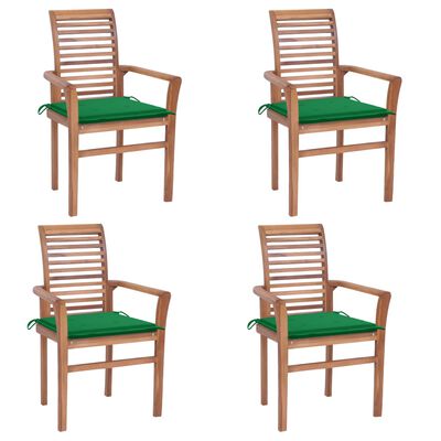 vidaXL Трапезни столове, 4 бр, със зелени възглавници, тик масив