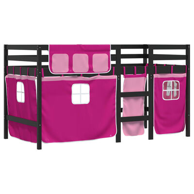 vidaXL Детско високо легло със завеси розово 90x190 см бор масив