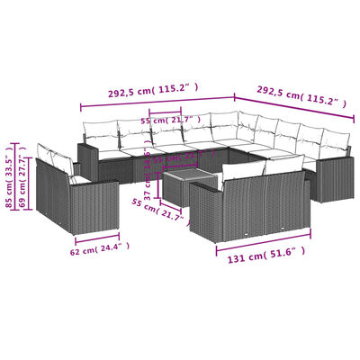 vidaXL Градински диван с възглавници, 14 части, черен, полиратан