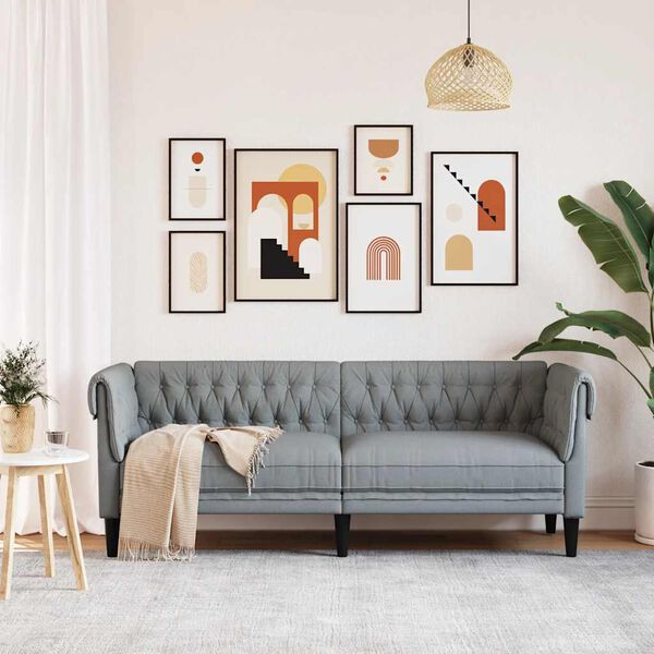 vidaXL Честърфийлд диван 3-местен светлосив плат