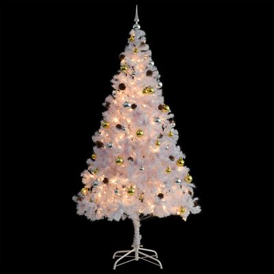 vidaXL Изкуствена готова осветена коледна елха с топки бяла 210 см