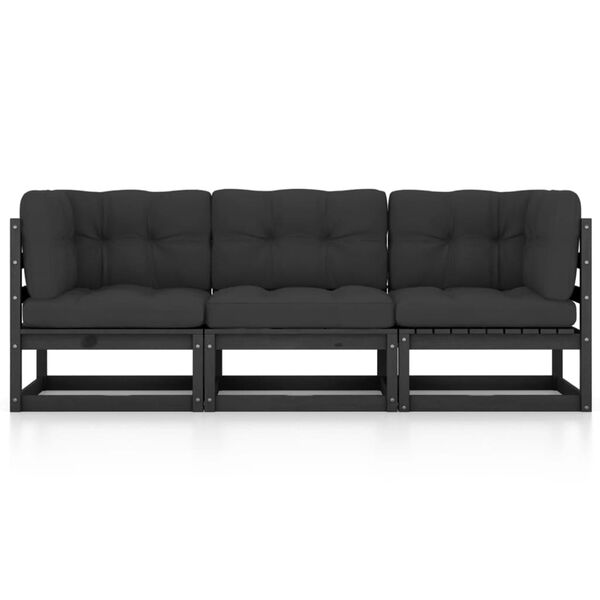 vidaXL 3-местен градински диван с възглавници, борово дърво масив