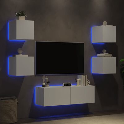vidaXL ТВ стенни шкафове, 5 части, с LED светлини, бели