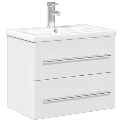 vidaXL Шкаф за мивка за баня с вградена мивка, бял гланц
