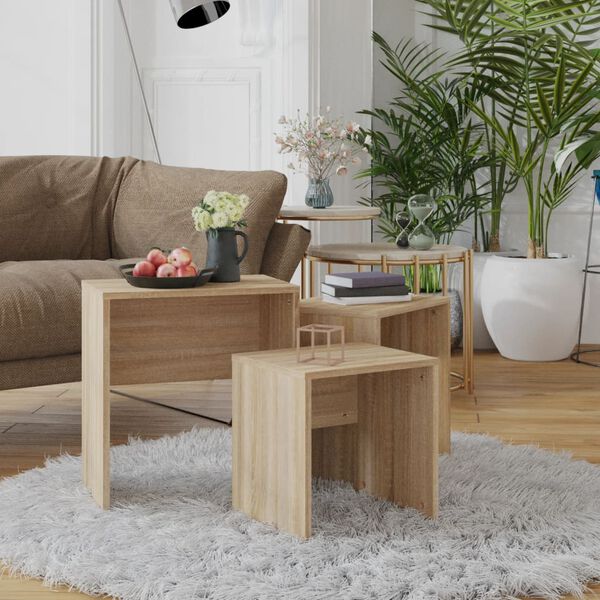 vidaXL Стифиращи кафе маси, 3 бр, сонома дъб, инженерно дърво