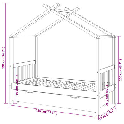 vidaXL Рамка за детско легло с чекмедже, бяла, бор масив, 80x160 см