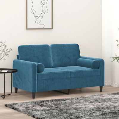 vidaXL 2-местен диван с декоративни възглавници син 120 см кадифе
