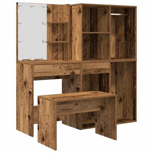 vidaXL Комплект тоалетка с LED Старо дърво