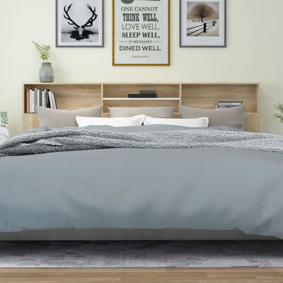vidaXL Табла за легло тип шкаф, бяло и дъб сонома, 220x19x103,5 см