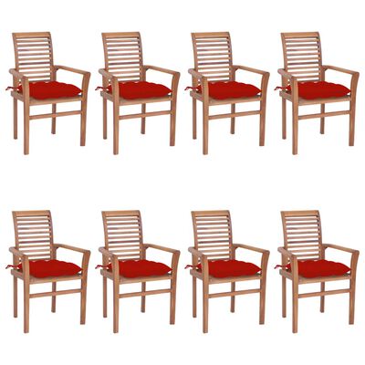 vidaXL Трапезни столове, 8 бр, с червени възглавници, тик масив