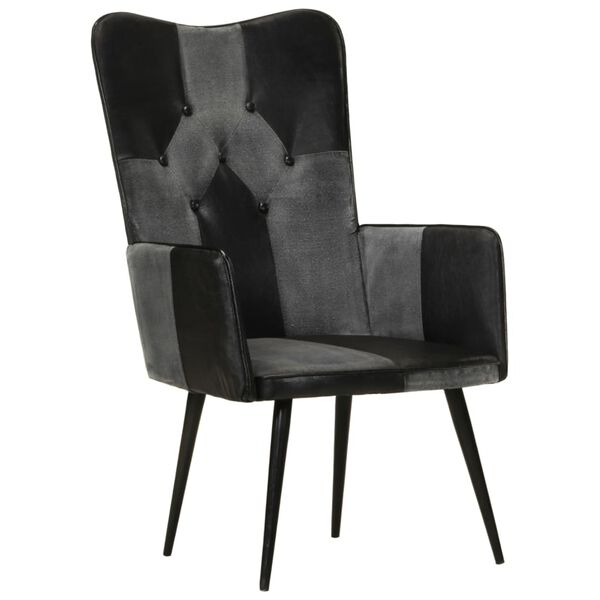 vidaXL Wingback стол, черно и сиво, естествена кожа