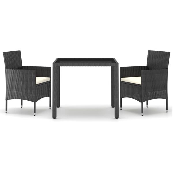 vidaXL Градински комплект, 3 части, полиратан и закалено стъкло, черен