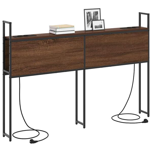 vidaXL Табла за легло за съхранение с зарядна станция с рафт Кафяв дъб