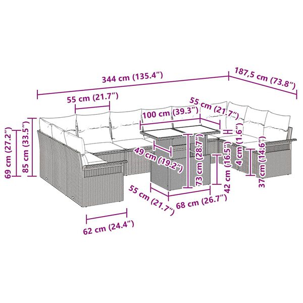 vidaXL Градински Софа Комплект 11 pcs Бежово Полипропилен Ратан