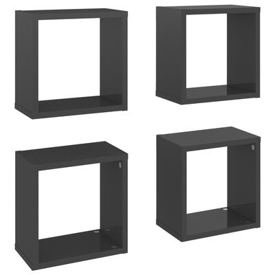 vidaXL Стенни кубични рафтове, 4 бр, сив гланц, 26x15x26 см