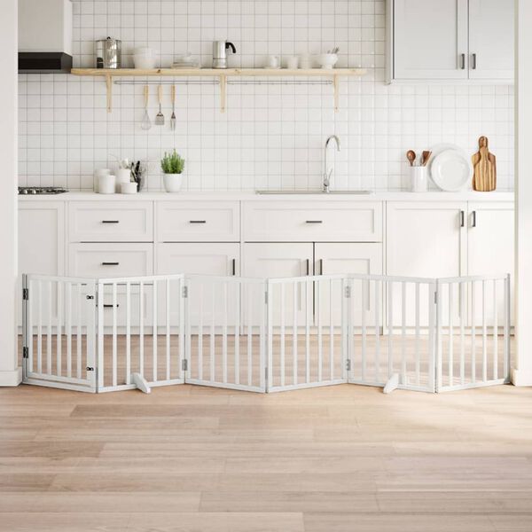 vidaXL Сгъваема преграда за кучета с врата 6 панела бял 300 см топола