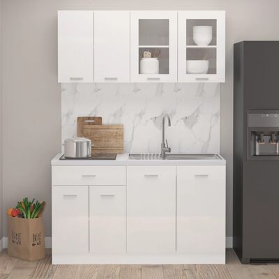 vidaXL Комплект кухненски шкафове от 4 части, бял гланц, ПДЧ