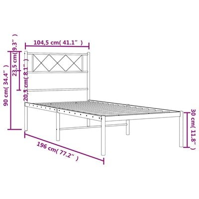 vidaXL Метална рамка за легло с горна табла, бяла, 100x190 см