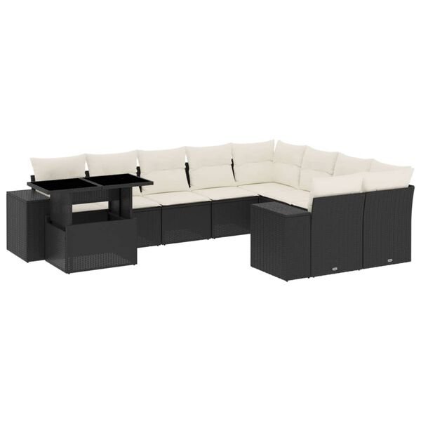 vidaXL Градински комплект диван с възглавници 10 части черен полиратан