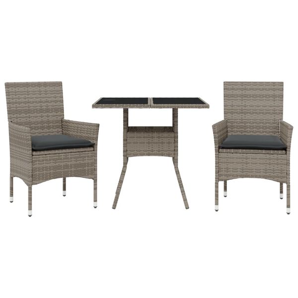 vidaXL Градински комплект с възглавници 3 части сив полиратан и стъкло