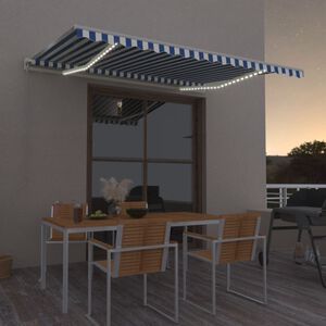 vidaXL Ръчно прибиращ се сенник с LED, 400x350 см, синьо и бяло