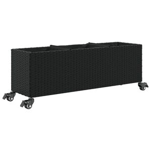 vidaXL Външен плантер с колела и 3 саксии черен 107x32x38 см полиратан