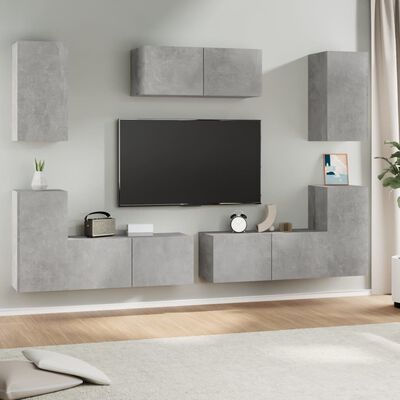 vidaXL Комплект ТВ шкафове от 7 части, бетонно сив, инженерно дърво