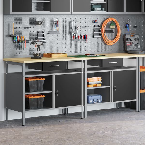 vidaXL Комплект работна маса с рафт 2 pcs Черен и Сив 200 x 55 x 85 см