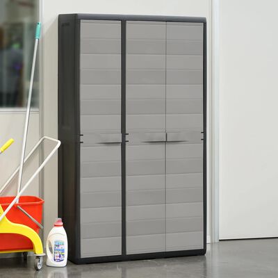 vidaXL Градински шкаф за съхранение с 4 рафта, черно и сиво